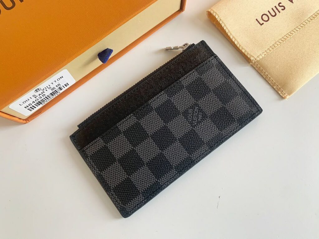 Porte-cartes zippé en toile Damier Graphite gris et noirs